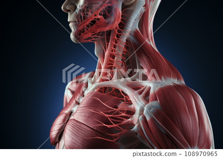 3D rendering medical illustration of male anatomy - shoulder joint, muscle and tendon structure. shoulder pain. simple blue background. 108970965