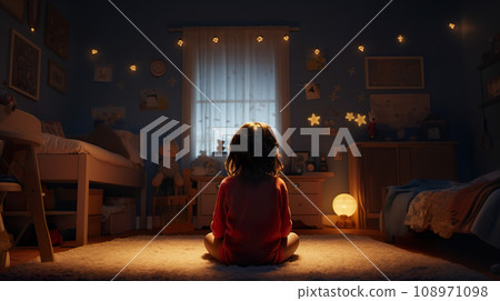Rear view of a girl lost in thought in her bedroom "AI-generated image" 108971098