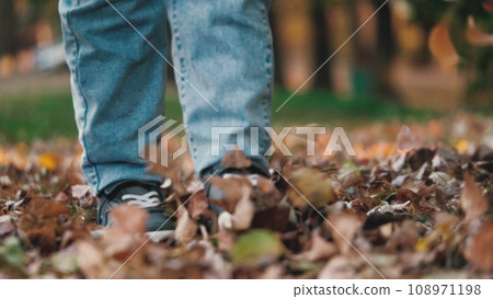 Legs of little boy move along path with leaves fallen from trees. Legs of little boy on path with leaves of trees taking stroll. Legs of little boy stepping amidst foliage on path embracing beauty Legs of little boy move along path with leaves fallen from trees. Legs of little boy on path with leaves of trees taking stroll. Legs of little boy stepping amidst foliage on path embracing beauty 108971198