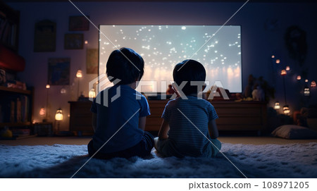半夜玩電子遊戲的小兄弟姐妹的後視圖“人工智慧生成的圖像” 半夜玩電子遊戲的小兄弟姐妹的後視圖“人工智慧生成的圖像” 108971205