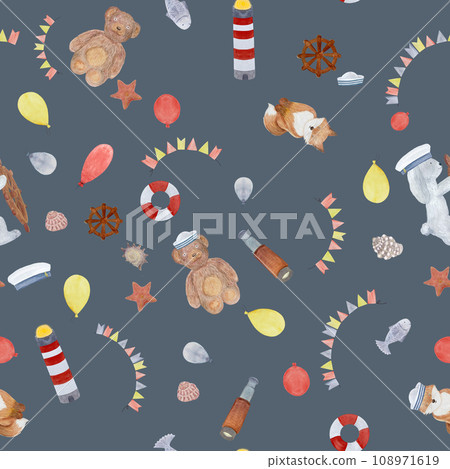 Watercolor sailor toys celebration pattern on grey 108971619