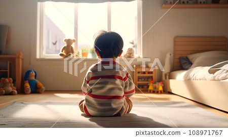 一個幼兒獨自坐在明亮的兒童房裡的後視圖“人工智能生成的圖像” 108971767