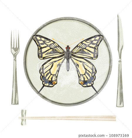 Hand-drawn watercolor style illustration of a swallowtail butterfly on a plate 108973169