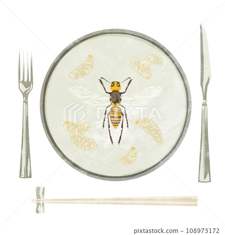 盤子上幼崽和蜜蜂的手繪水彩風格插圖 108973172