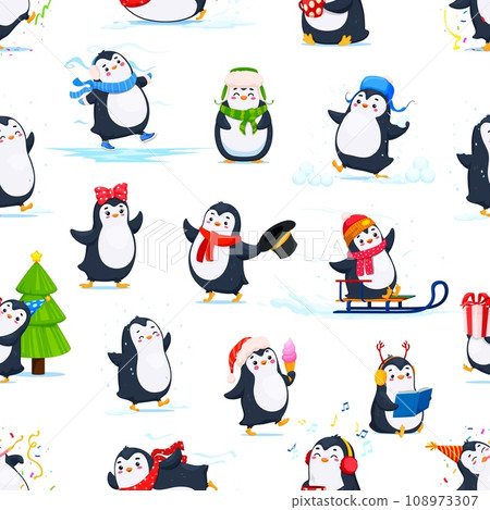 Cartoon cute funny penguin characters seamless pattern. Textile or Christmas wrapping paper vector backdrop with penguin happy personages reading book, dancing, listening music and playing snowballs Cartoon cute funny penguin characters seamless pattern. Textile or Christmas wrapping paper vector backdrop with penguin happy personages reading book, dancing, listening music and playing snowballs 108973307
