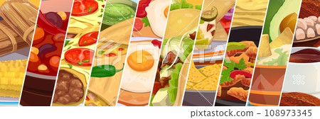Tex mex mexican cuisine food collage. Vector Mexico meal, spicy taco, burrito, nachos and quesadilla with guacamole, chili beans, chicken fajitas and corn tamale, hot chocolate and enchilada dishes Tex mex mexican cuisine food collage. Vector Mexico meal, spicy taco, burrito, nachos and quesadilla with guacamole, chili beans, chicken fajitas and corn tamale, hot chocolate and enchilada dishes 108973345