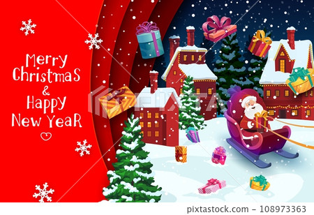Christmas paper cut banner with winter town and flying Santa on sleigh. Vector 3d papercut greeting card with cartoon funny Father Noel sitting in deer sled front of cottage houses at xmas holiday eve Christmas paper cut banner with winter town and flying Santa on sleigh. Vector 3d papercut greeting card with cartoon funny Father Noel sitting in deer sled front of cottage houses at xmas holiday eve 108973363
