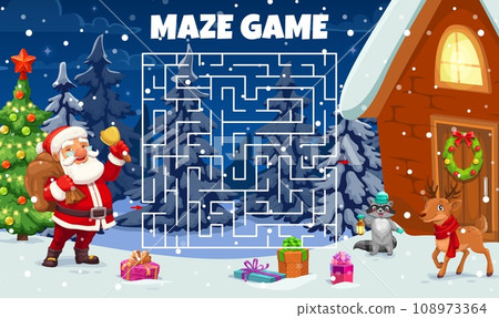 Christmas labyrinth maze. Kids vector worksheet, board game help Santa Claus find correct way to house. Boardgame with cartoon Noel, pine tree, deer and tangled path. Educational children riddle Christmas labyrinth maze. Kids vector worksheet, board game help Santa Claus find correct way to house. Boardgame with cartoon Noel, pine tree, deer and tangled path. Educational children riddle 108973364