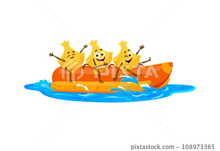 Cartoon cheerful fagottini pasta characters riding inflatable banana boat relaxing on summer beach vacation. Isolated vector macaroni personages engage in extreme recreational water attraction Cartoon cheerful fagottini pasta characters riding inflatable banana boat relaxing on summer beach vacation. Isolated vector macaroni personages engage in extreme recreational water attraction 108973365