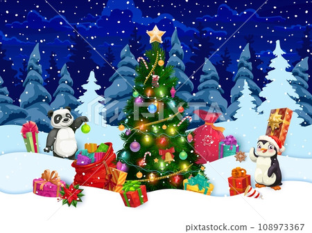 Christmas banner with gifts on snow, holiday pine tree and cartoon animals. Happy New Year festive backdrop, Christmas greeting vector wallpaper with panda bear, penguin cute character, decorated tree Christmas banner with gifts on snow, holiday pine tree and cartoon animals. Happy New Year festive backdrop, Christmas greeting vector wallpaper with panda bear, penguin cute character, decorated tree 108973367