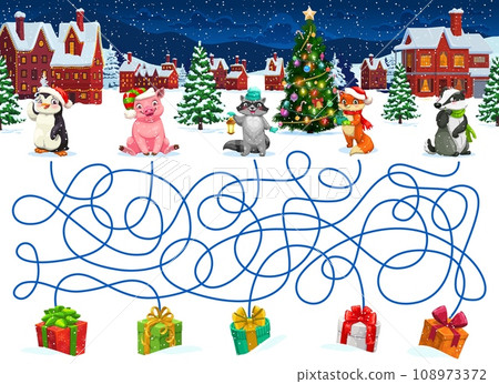 Christmas labyrinth maze help to funny animals find gifts. Kids vector board game worksheet with cartoon badger, pig, fox, raccoon and penguin searching right way to presents in winter snowy town Christmas labyrinth maze help to funny animals find gifts. Kids vector board game worksheet with cartoon badger, pig, fox, raccoon and penguin searching right way to presents in winter snowy town 108973372