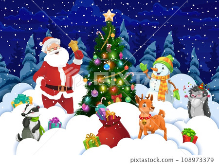 Christmas paper cut snow and holiday animal characters with Santa near decorated pine tree in night wood. Vector greeting card cartoon Father Noel with bell, snowman, hedgehog, reindeer and badger 108973379