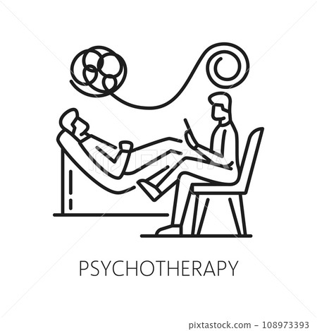 Psychotherapy, mental health icon. Human psychology, mental disorder problem and psychotherapy help thin line vector icon or pictogram with patient and doctor having conversation on therapy session Psychotherapy, mental health icon. Human psychology, mental disorder problem and psychotherapy help thin line vector icon or pictogram with patient and doctor having conversation on therapy session 108973393