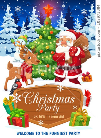 Christmas party flyer. Vector invitation poster, party invite card with funny Father Noel, deer, bullfinch and snowman in night snowy forest with presents and baubles on decorated xmas tree branches Christmas party flyer. Vector invitation poster, party invite card with funny Father Noel, deer, bullfinch and snowman in night snowy forest with presents and baubles on decorated xmas tree branches 108973394