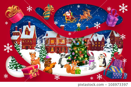 Christmas paper cut winter town, Santa on sleigh and cartoon animals near holiday pine tree. Vector 3d papercut double exposition frame with Father noel flying on sled, penguin, bear, deer and bunny Christmas paper cut winter town, Santa on sleigh and cartoon animals near holiday pine tree. Vector 3d papercut double exposition frame with Father noel flying on sled, penguin, bear, deer and bunny 108973397