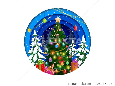 Christmas round paper cut with holiday pine tree, gifts and decorations. Vector Xmas round 3d papercut frame with layered effect, snowflakes and decorated spruce or fir-tree with baubles and garlands Christmas round paper cut with holiday pine tree, gifts and decorations. Vector Xmas round 3d papercut frame with layered effect, snowflakes and decorated spruce or fir-tree with baubles and garlands 108973402