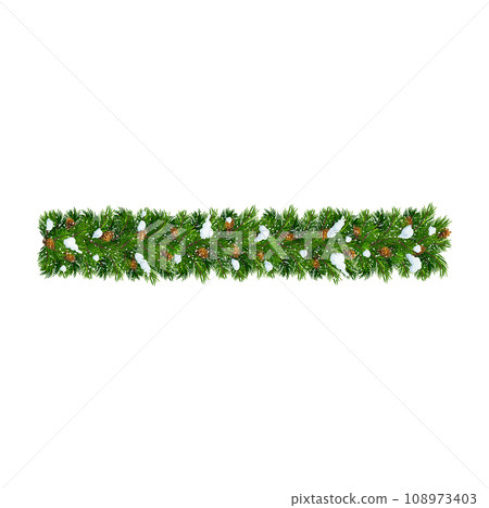 Christmas or New Year garland fir frame with snow. Vector Xmas garland with cones and snowflakes. Xmas tree festive border 108973403