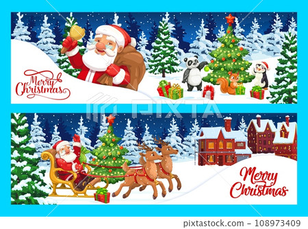 Christmas banners or greeting cards. Cartoon vector Santa Claus in deer sleigh. Noel with jingle bell, cute penguin, squirrel, panda and Xmas presents lying on snow near decorated fir-tree or spruce 108973409