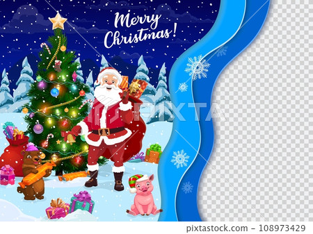 Christmas paper cut with Santa near pine tree and gifts on snow. Happy New Year greeting 3d vector greeting card, papercut backdrop with Santa gifts sack and spruce tree, pig and bear cute characters Christmas paper cut with Santa near pine tree and gifts on snow. Happy New Year greeting 3d vector greeting card, papercut backdrop with Santa gifts sack and spruce tree, pig and bear cute characters 108973429