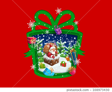 Christmas paper cut gift silhouette with Santa on roof and snowflakes. Vector double exposition Santa Claus cartoon character in chimney with red bag and Xmas holiday presents in 3d layered frame Christmas paper cut gift silhouette with Santa on roof and snowflakes. Vector double exposition Santa Claus cartoon character in chimney with red bag and Xmas holiday presents in 3d layered frame 108973430