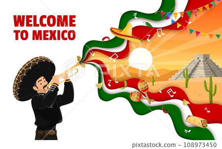 Welcome to Mexico paper cut banner with mariachi musician character, Mexican desert and pyramid. Paper cut vector background or banner with musician playing on trumpet, Inca pyramid, Tex Mex food Welcome to Mexico paper cut banner with mariachi musician character, Mexican desert and pyramid. Paper cut vector background or banner with musician playing on trumpet, Inca pyramid, Tex Mex food 108973450