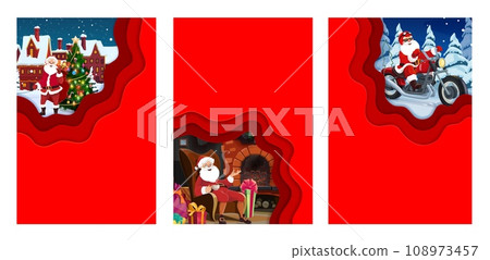 Christmas paper cut posters. Cartoon vector holiday card templates with Santa with gifts bag near decorated pine tree snowy in town, funny Father Noel riding bike in forest and sitting at fireplace 108973457