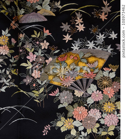Kimono background, fabric background, kimono with floral pattern, black tomesode 108973462