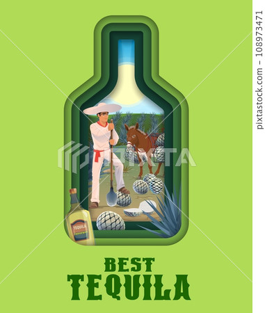 Mexican jimador with blue agave. Tequila alcohol drink production paper cut poster of vector mexican man harvesting agave plants with coa in field, sombrero hat and donkey in 3d papercut bottle frame Mexican jimador with blue agave. Tequila alcohol drink production paper cut poster of vector mexican man harvesting agave plants with coa in field, sombrero hat and donkey in 3d papercut bottle frame 108973471
