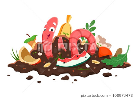 Cartoon earth worm in compost soil. Farming and gardening natural fertilizer, agriculture soil renewal, environment and ecology organic waste recycling vector concept with earth worm funny personage 108973478