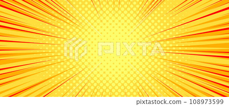 Yellow orange radial dotted comic background. Speed lines wallpaper with pop art halftone texture. Anime cartoon rays explosion backdrop for poster, banner, print, magazine, flyer. Vector illustration 108973599