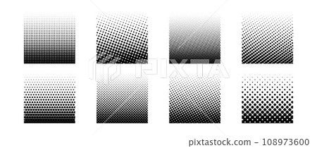 Different halftone gradient backgrounds set. Cartoon dots texture wallpaper collection. Black white comic design cover pack for banner, poster, overlay, sticker. Pop art dotted squared bundle. Vector Different halftone gradient backgrounds set. Cartoon dots texture wallpaper collection. Black white comic design cover pack for banner, poster, overlay, sticker. Pop art dotted squared bundle. Vector 108973600