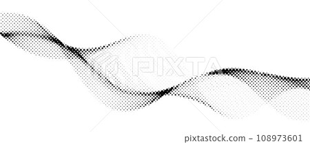 Halftone wave background. Dotted wind flowing shape wallpaper. Abstract wavy fluid backdrop texture. Curved liquid line element for poster, banner, overlay, card, brochure, flyer, booklet. Vector 108973601