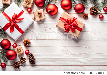 Christmas gift box and christmas decoration on wood background. Bokeh light. 108973801