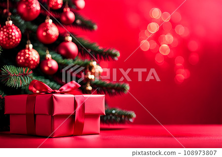 Christmas gift box and christmas decoration on wood background. Bokeh light. 108973807