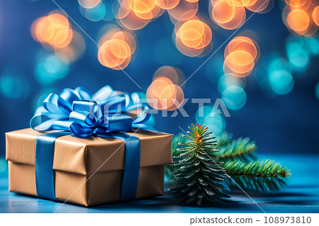 Christmas gift box and christmas decoration on wood background. Bokeh light. 108973810