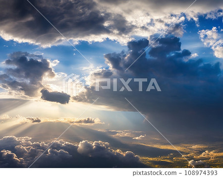 Dramatic amazing sky and clouds from above at sunset.Colorful pastel sky background 108974393