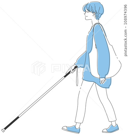 Illustration of a visually impaired woman with a white cane 108974396