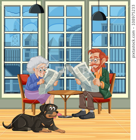 Elderly Couple Reading Newspaper with Rottweiler in Dining Room 108975233