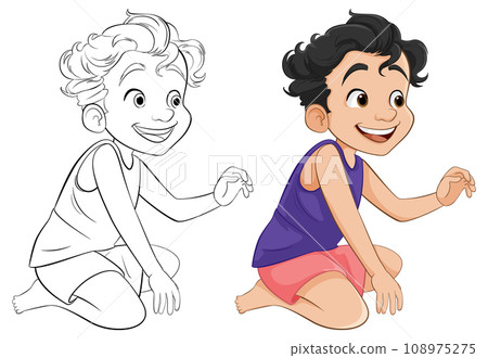 Smiling Cartoon Boy Sitting with Outline for Coloring Pages 108975275