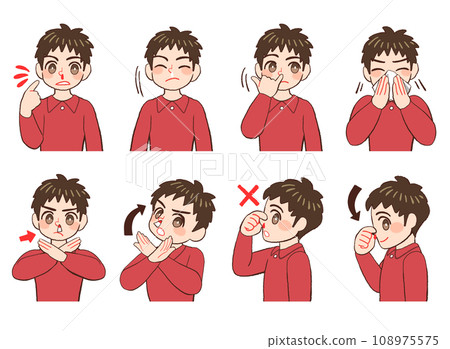 Illustration set of a boy with a nosebleed Illustration set of a boy with a nosebleed 108975575