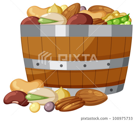 Nuts in Wooden Barrel: A Vector Cartoon Illustration Nuts in Wooden Barrel: A Vector Cartoon Illustration 108975733