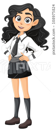 Beautiful Female Teen in High School Uniform Cartoon Character 108975824