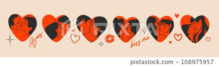 Hand drawn vector abstract graphic illustration Valentines day design,with drawing kissing couple in heart silhouette.Love couple kissing,couple together.Valentines day love beautiful design concept. 108975957