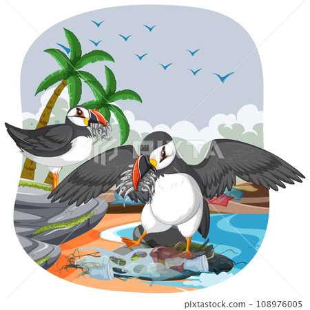 Puffin Bird on Trash-Filled Beach Puffin Bird on Trash-Filled Beach 108976005
