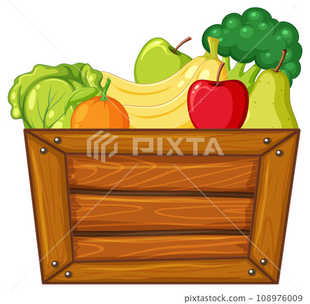 Fresh and Colorful Fruits and Vegetables in Wooden Crate Fresh and Colorful Fruits and Vegetables in Wooden Crate 108976009