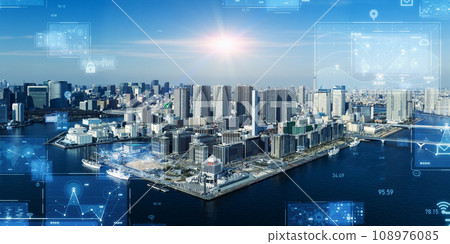 City panorama and digital technology Horizontal visual for banners and advertisements 108976085