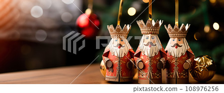 Three wise men holding gifts for Jesus. Concept religious holiday of Epiphany, Nativity of Jesus, Three Kings Day 108976256