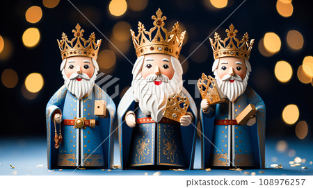 Three wise men holding gifts for Jesus. Concept for religious holiday of Epiphany, Nativity of Jesus, Three Kings Day, Christmas Three wise men holding gifts for Jesus. Concept for religious holiday of Epiphany, Nativity of Jesus, Three Kings Day, Christmas 108976257