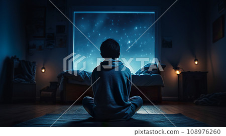 Rear view of a boy looking at the beautiful night sky from the window "AI generated image" 108976260