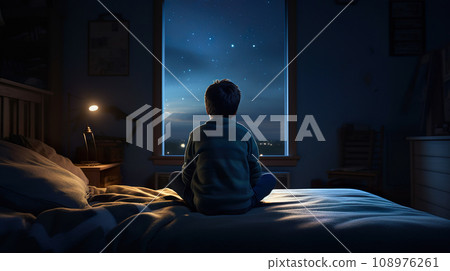 Rear view of a boy looking at the beautiful night sky from the window "AI generated image" Rear view of a boy looking at the beautiful night sky from the window "AI generated image" 108976261
